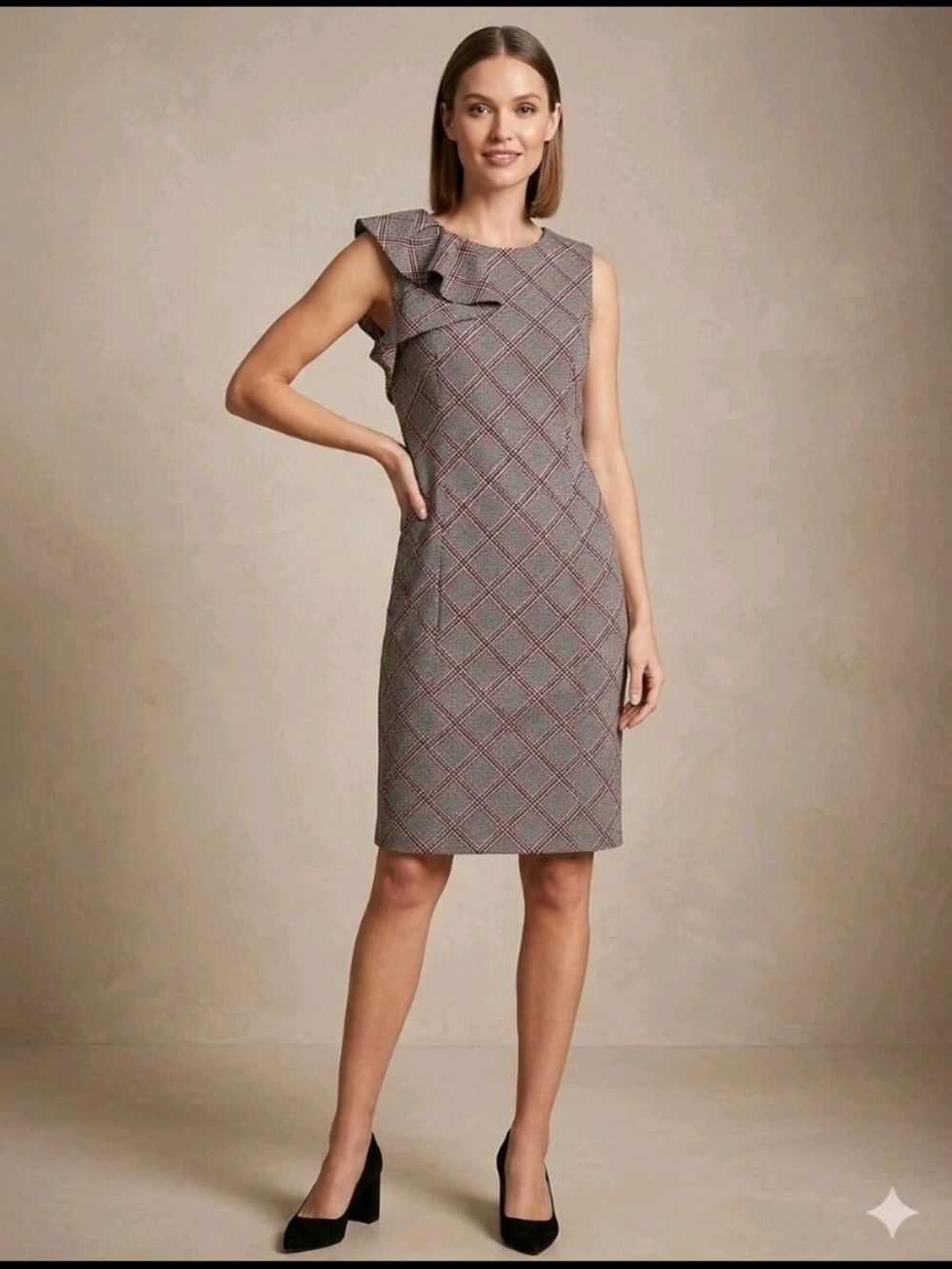 Liz Claiborne Gray Plaid One-Shoulder Ruffle Sheath Dress